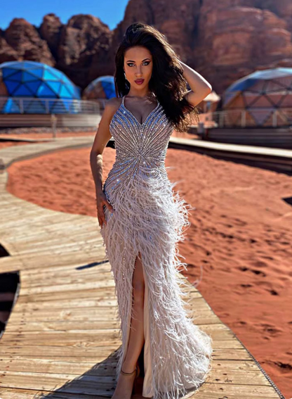 Gorgeous Silver-Grey Spaghetti Strap V-neck Feather Sequin Slit Long Prom Dress Evening Dress P4622