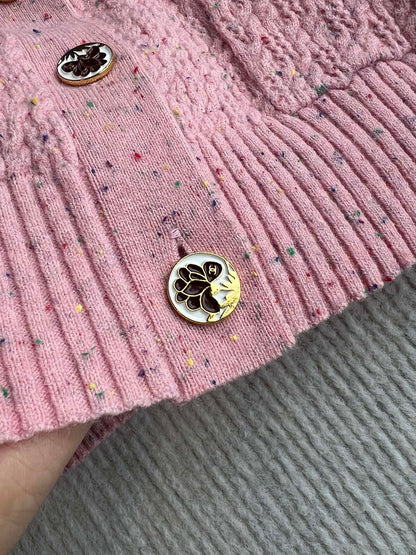 CC 25A Classic Round Neck Floral Wool Cardigan In Pink 275515