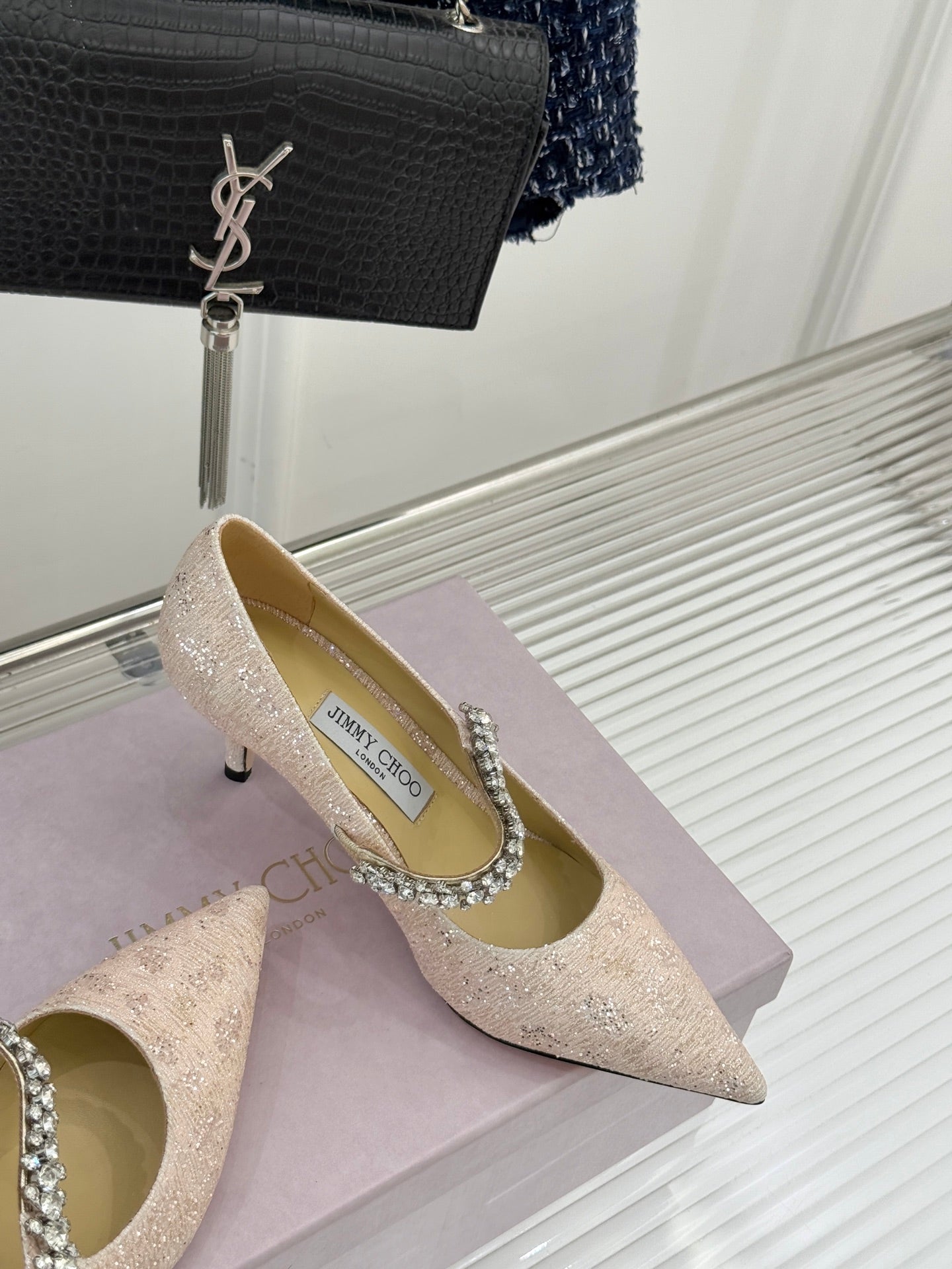 Jimmy Choo Classic Diamond Chain Point Toe High Heels Champagne Glitter Sheepskin 573546