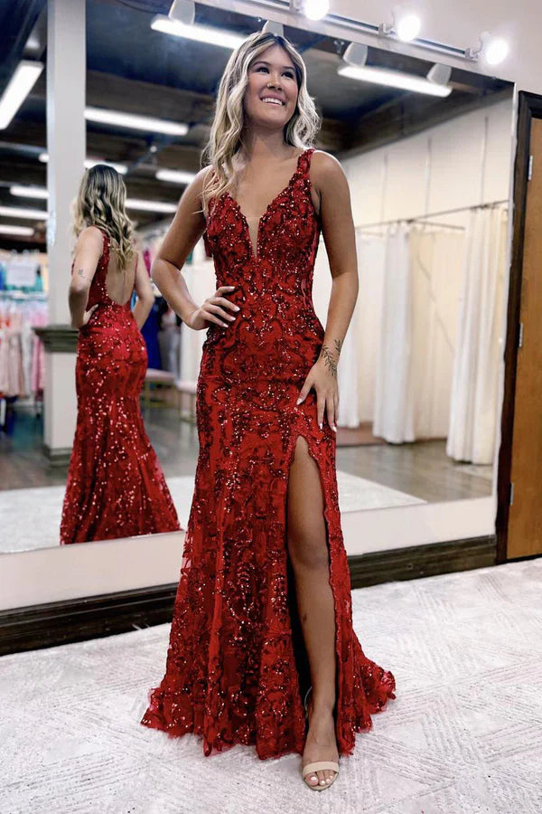 omberprom Mermaid Evening Dress V Neck Sequined Lace Prom Dress with Slit