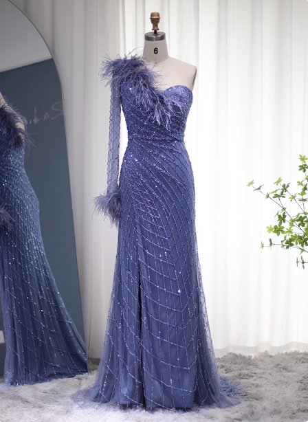Elegant Mermaid Blue One-Shoulder Feather Beaded Tulle Long Prom Dress Evening Dress P4625