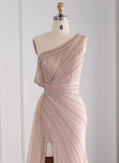 Elegant Pink Mermaid One-Shoulder Beaded Tulle Slit Train Prom Dress Evening Dress P4627