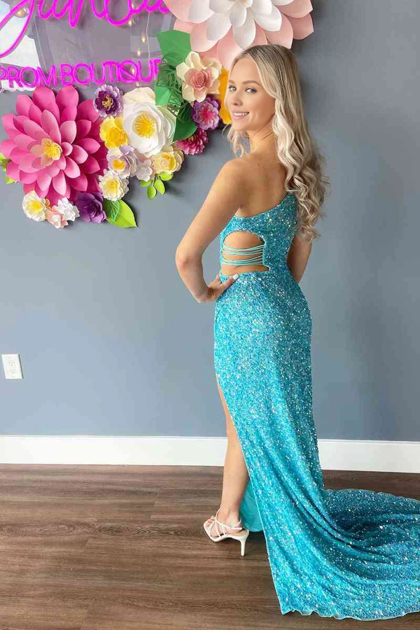 omberprom Lilac One Shoulder Evening Dress Cut-Out Mermaid Sequins Slit Long Prom Dress
