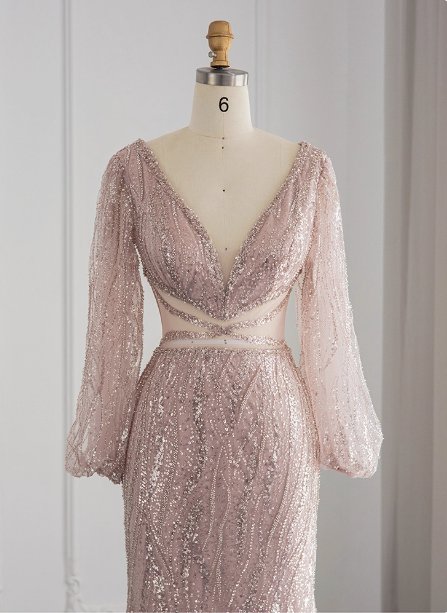 Elegant Pink Mermaid V-neck Long Sleeve Sequin Long Prom Dress Evening Dress P4628