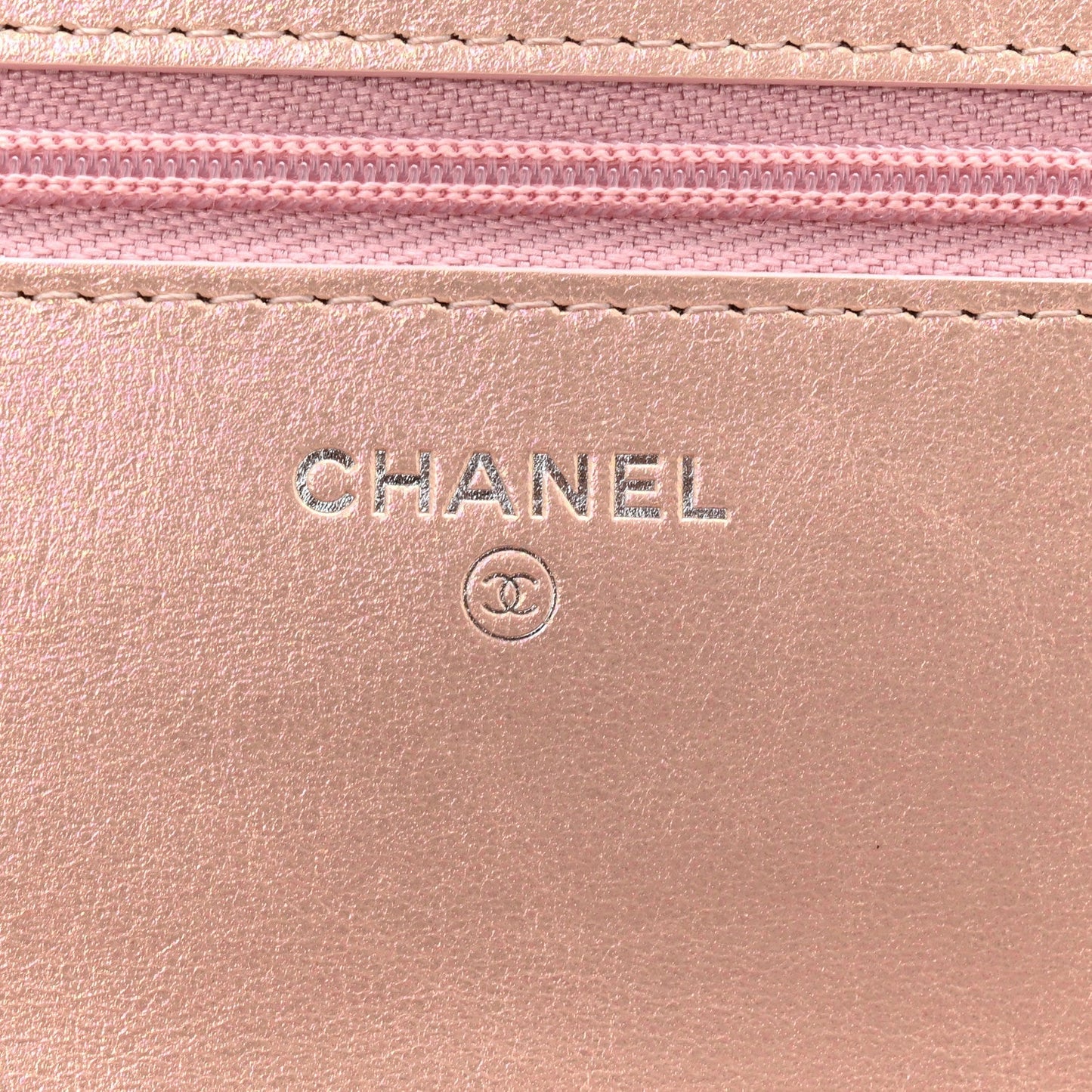 Iridescent Calfskin Quilted Wallet On Chain WOC Pink