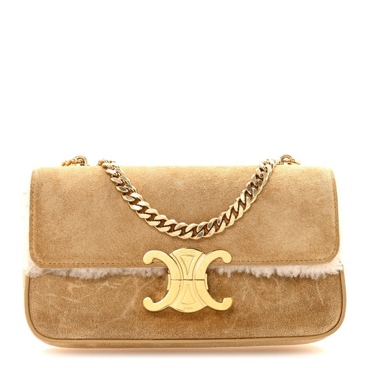 Suede Shearling Triomphe Chain Shoulder Bag Beige