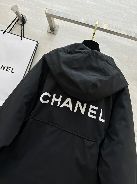 Chanel 25 Hooded Windbreaker Jacket Black Down Cotton 312195