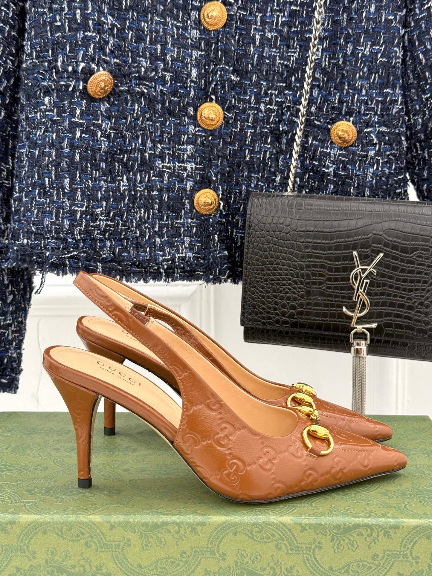 GG Horsebit Slingback 85MM Brown GG Leather Point Toe