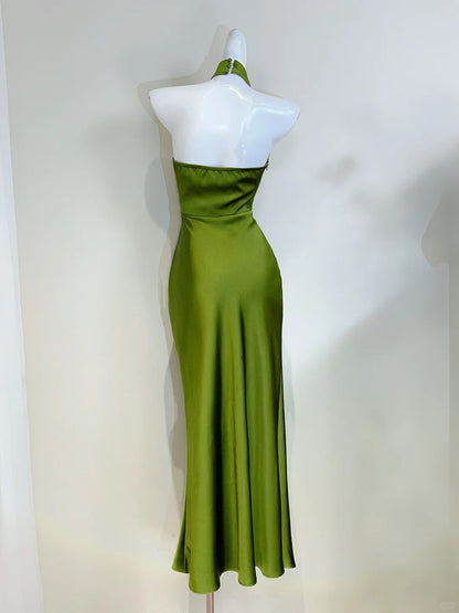 Elegant Minimalist Green Slim Halter Neck Satin Long Prom Dress Evening Dress P4063