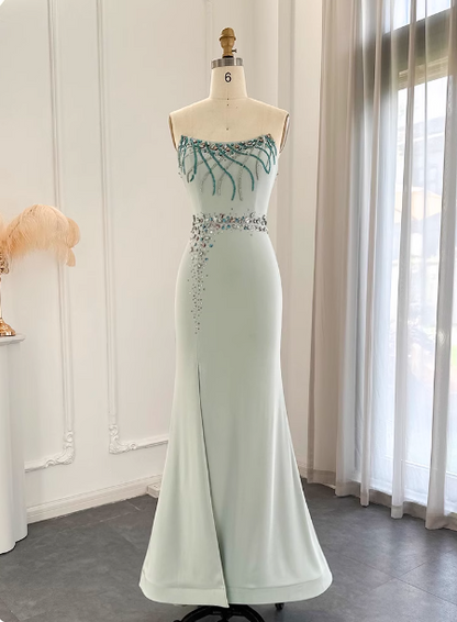Elegant Mint Green Mermaid Strapless Rhinestone Hotfix Slit Satin Long Prom Dress Evening Dress P4630