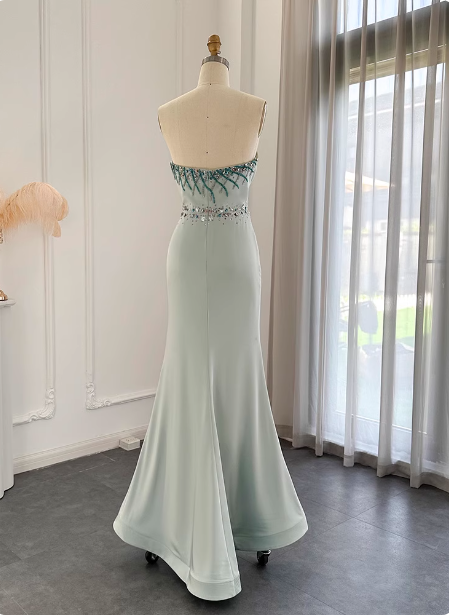 Elegant Mint Green Mermaid Strapless Rhinestone Hotfix Slit Satin Long Prom Dress Evening Dress P4630