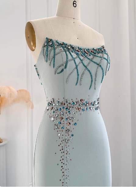 Elegant Mint Green Mermaid Strapless Rhinestone Hotfix Slit Satin Long Prom Dress Evening Dress P4630