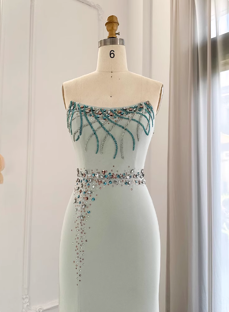 Elegant Mint Green Mermaid Strapless Rhinestone Hotfix Slit Satin Long Prom Dress Evening Dress P4630