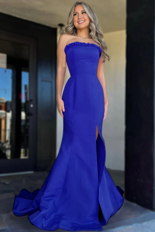 omberprom Strapless Evening Dress Maganta Ruffle Mermaid Slit Long Prom Dress