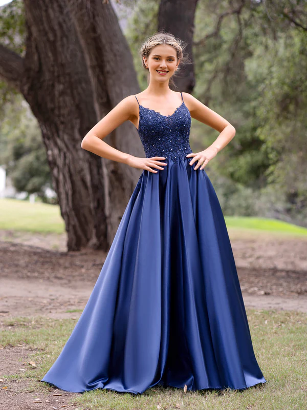 omberprom V-Neck Lace Prom Dresses Stain A-Line Floor-length Evening Dress