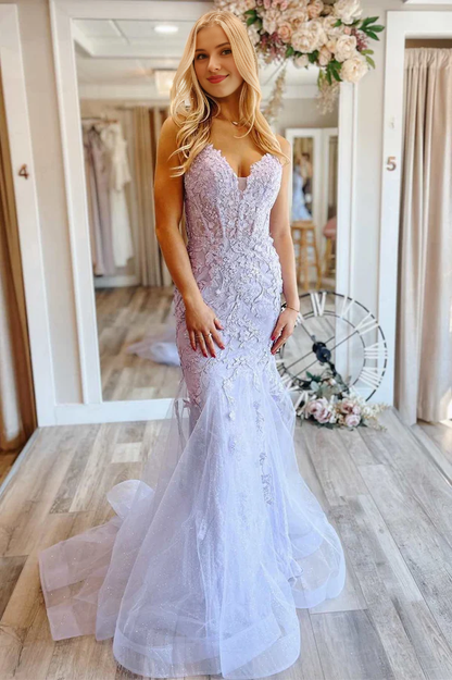 omberprom Mermaid Graduation Dresses V neck Lace Glitter Tulle Prom Dress