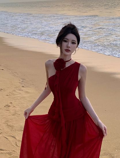 Fairy red off-shoulder dress with slim waist and long swing chiffon dress for holiday R1743