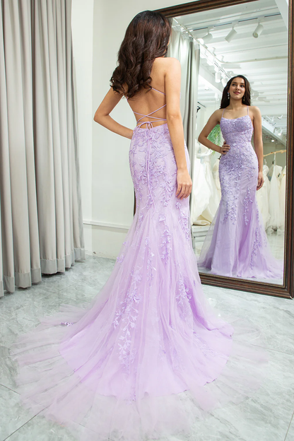 omberprom Lilac Mermaid Evening Dress Spaghetti Straps Long Prom Dress with Appliques
