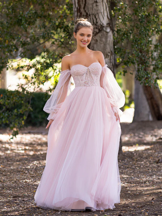 omberprom A-line Prom Dress Corset Off The Shoulder Floor Length Tulle with lace appliques