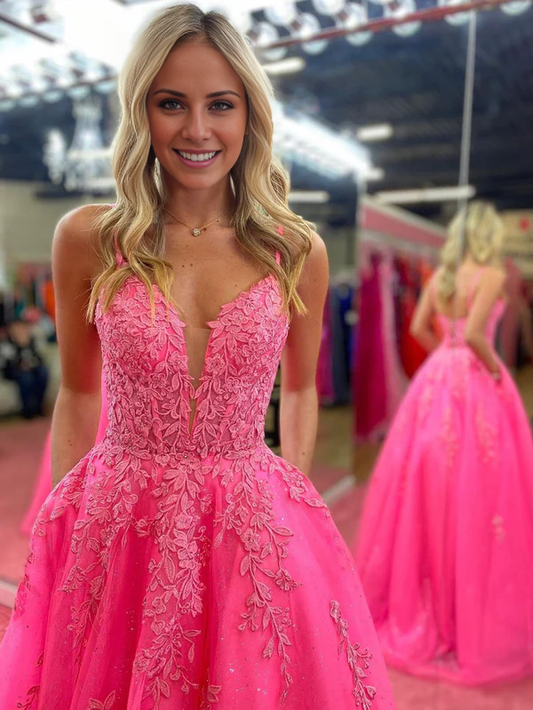 omberprom V Neck Pink A Line Evening Dress Lace Long Prom Dress