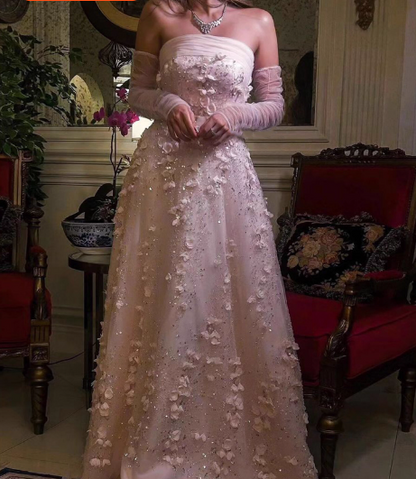 Stunning Pink Strapless 3D Floral Sequin Tulle Train Prom Dress Evening Dress P4634