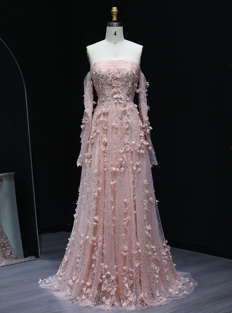 Stunning Pink Strapless 3D Floral Sequin Tulle Train Prom Dress Evening Dress P4634