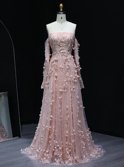 Stunning Pink Strapless 3D Floral Sequin Tulle Train Prom Dress Evening Dress P4634
