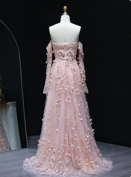 Stunning Pink Strapless 3D Floral Sequin Tulle Train Prom Dress Evening Dress P4634