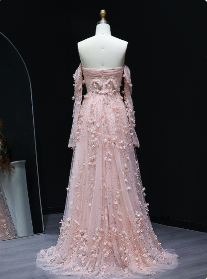 Stunning Pink Strapless 3D Floral Sequin Tulle Train Prom Dress Evening Dress P4634