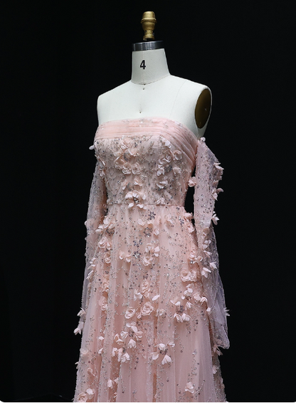 Stunning Pink Strapless 3D Floral Sequin Tulle Train Prom Dress Evening Dress P4634