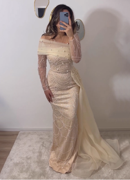 Elegant Champagne Mermaid Long Sleeve Pearl Tulle Train Prom Dress Evening Dress P4635