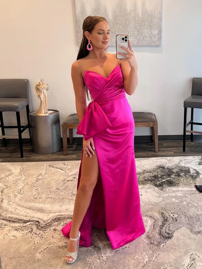 omberprom Mermaid Evening Dress Strapless Long Satin Prom Dress with bow tie