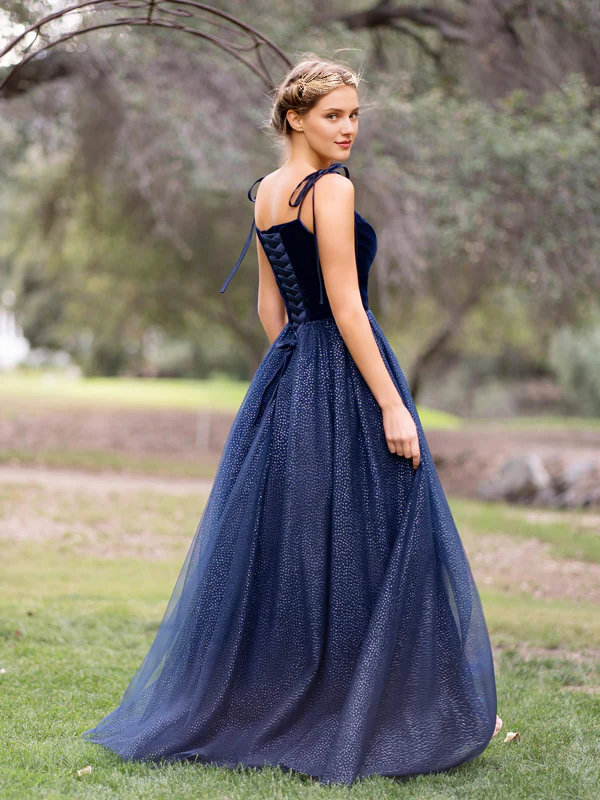 omberprom Elegant Spagatti Straps Evening Dress Velvet Tulle Floor Length Prom Dress