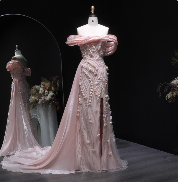 Stunning Pink Mermaid Train Off-the-Shoulder 3D Floral Satin Prom Dress Evening Dress P4636
