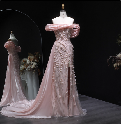 Stunning Pink Mermaid Train Off-the-Shoulder 3D Floral Satin Prom Dress Evening Dress P4636