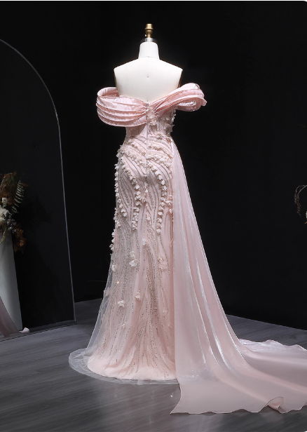 Stunning Pink Mermaid Train Off-the-Shoulder 3D Floral Satin Prom Dress Evening Dress P4636