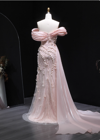 Stunning Pink Mermaid Train Off-the-Shoulder 3D Floral Satin Prom Dress Evening Dress P4636