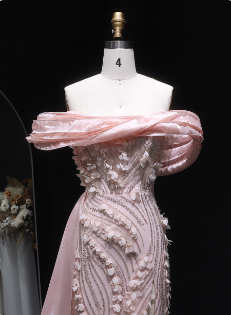 Stunning Pink Mermaid Train Off-the-Shoulder 3D Floral Satin Prom Dress Evening Dress P4636
