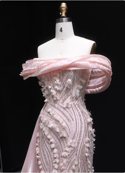 Stunning Pink Mermaid Train Off-the-Shoulder 3D Floral Satin Prom Dress Evening Dress P4636