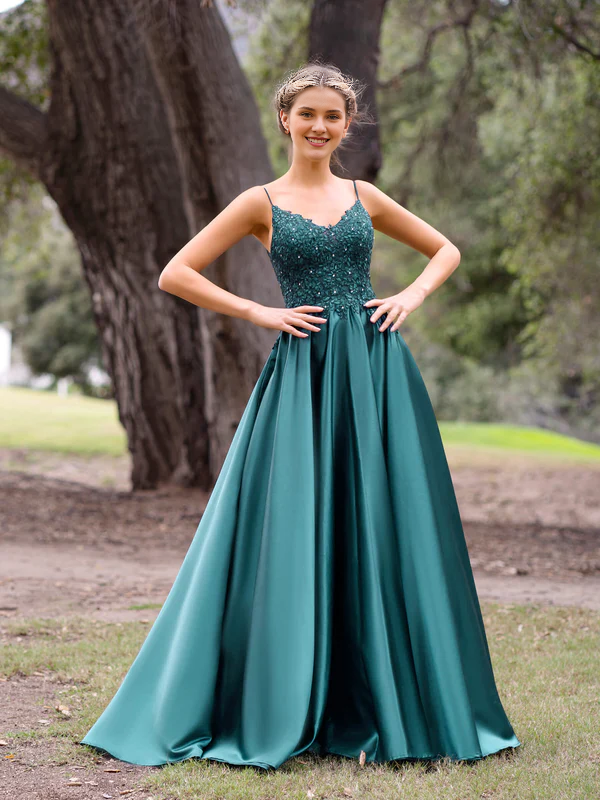 omberprom V-Neck Lace Prom Dresses Stain A-Line Floor-length Evening Dress