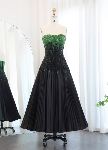 High-End Black and Green Color-Block A-line Strapless Sequin Satin Long Prom Dress Evening Dress P4637