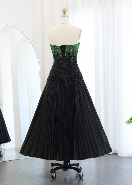 High-End Black and Green Color-Block A-line Strapless Sequin Satin Long Prom Dress Evening Dress P4637