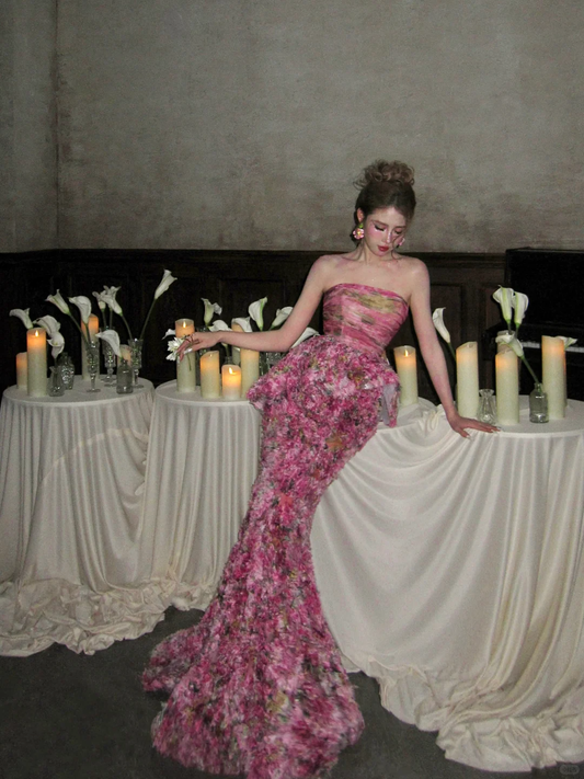 Vintage Pink Floral Strapless Mermaid Design Elegant Prom Dress Evening Dress TP4234