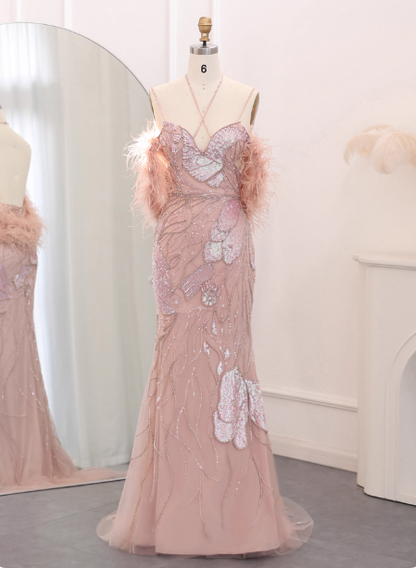 Dreamy Pink Mermaid Spaghetti Strap Open Back Beaded Sequin Tulle Long Prom Dress Evening Dress P4638