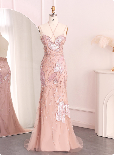 Dreamy Pink Mermaid Spaghetti Strap Open Back Beaded Sequin Tulle Long Prom Dress Evening Dress P4638