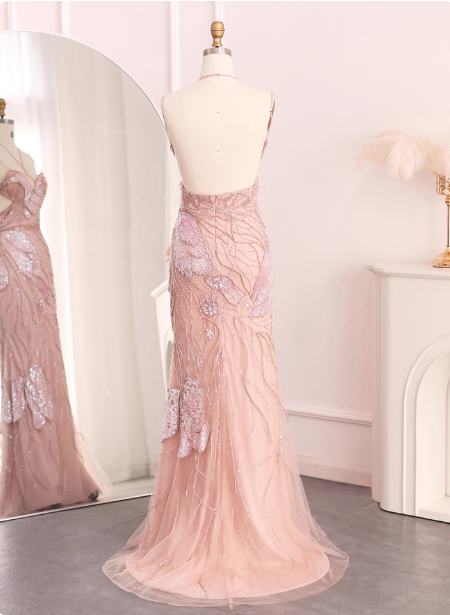 Dreamy Pink Mermaid Spaghetti Strap Open Back Beaded Sequin Tulle Long Prom Dress Evening Dress P4638
