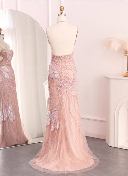 Dreamy Pink Mermaid Spaghetti Strap Open Back Beaded Sequin Tulle Long Prom Dress Evening Dress P4638