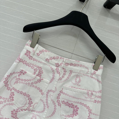 CC 25 Printed Denim Single-breasted Short Skirt Pink White Cotton