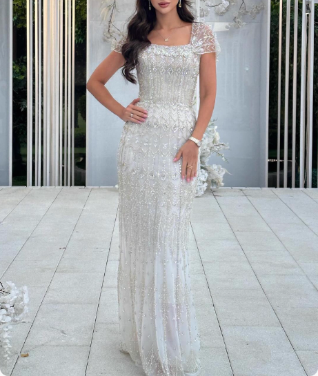 Gorgeous White Mermaid Square Neck Beaded Tulle Long Prom Dress Evening Dress P4639