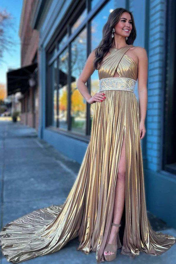 omberprom Fashion Pleated Evening Dress Criss Cross Straps Metallic Long Prom Dress